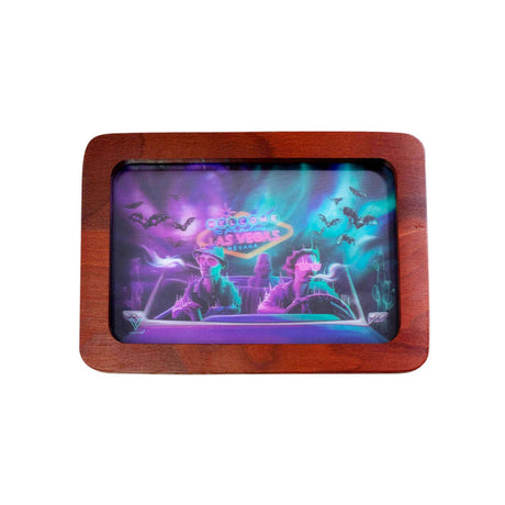 High-Def (3D) Rolling Tray - Bat Country features a wooden frame with dynamic 3D holographic image of men in a convertible car.