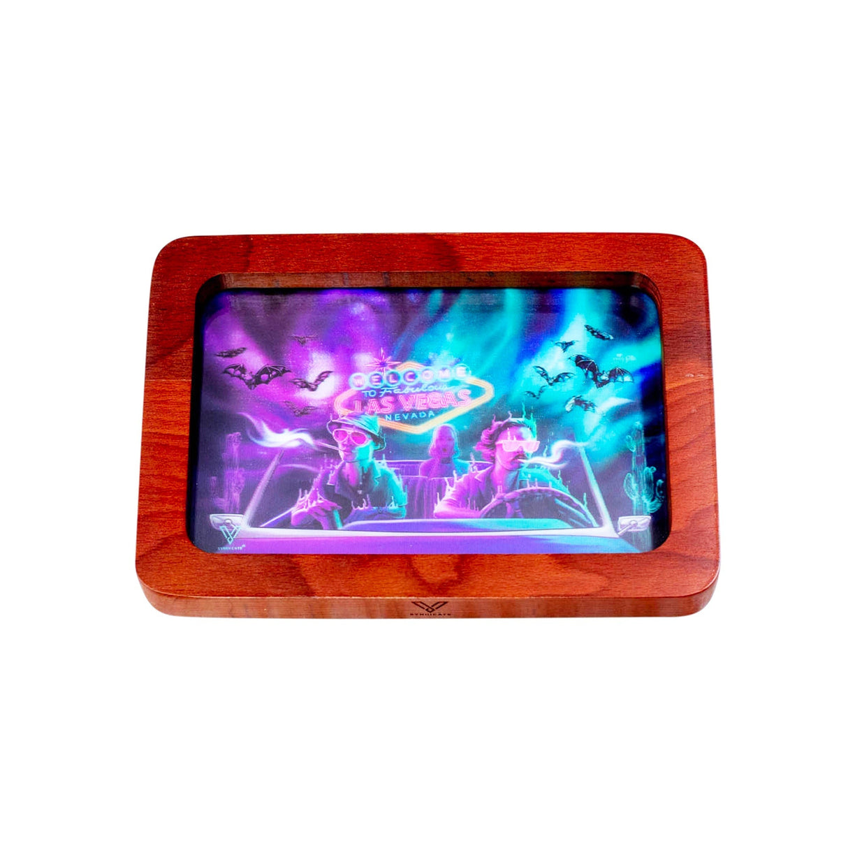 High-Def (3D) Rolling Tray - Bat Country features a wooden frame with holographic artwork, raised edges, and a built-in divet for efficient use.