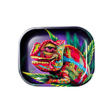 Metal Rolling Tray - Cloud 9 Chameleon, features a colorful chameleon illustration on a durable steel surface, perfect for organized and stylish herb preparation.