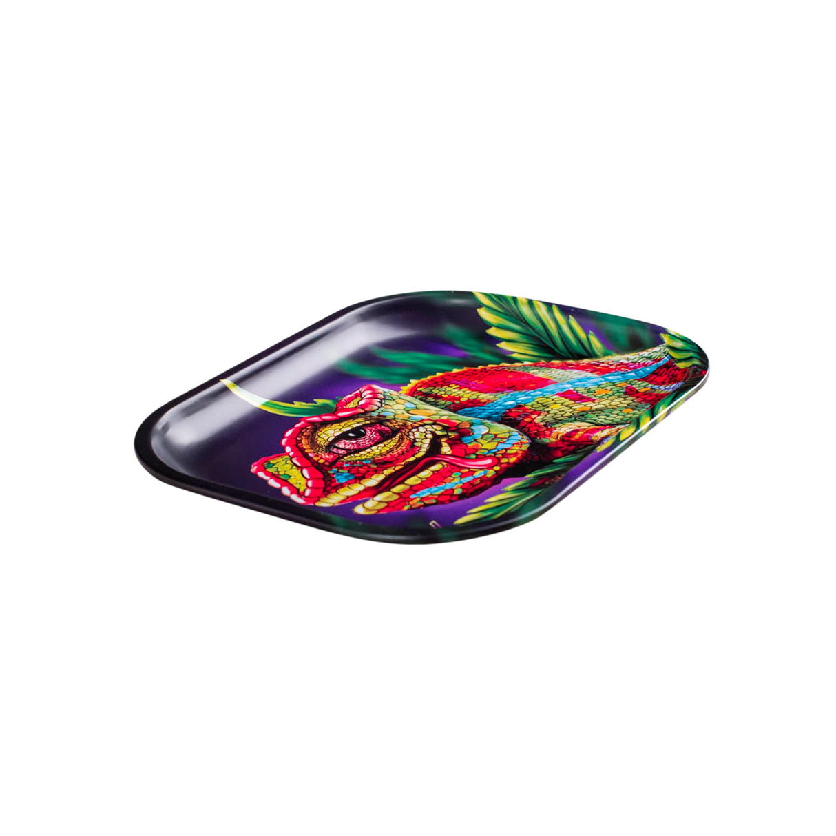 Metal Rolling Tray - Cloud 9 Chameleon features a colorful lizard design on a durable steel surface, ideal for organized and efficient herb rolling.