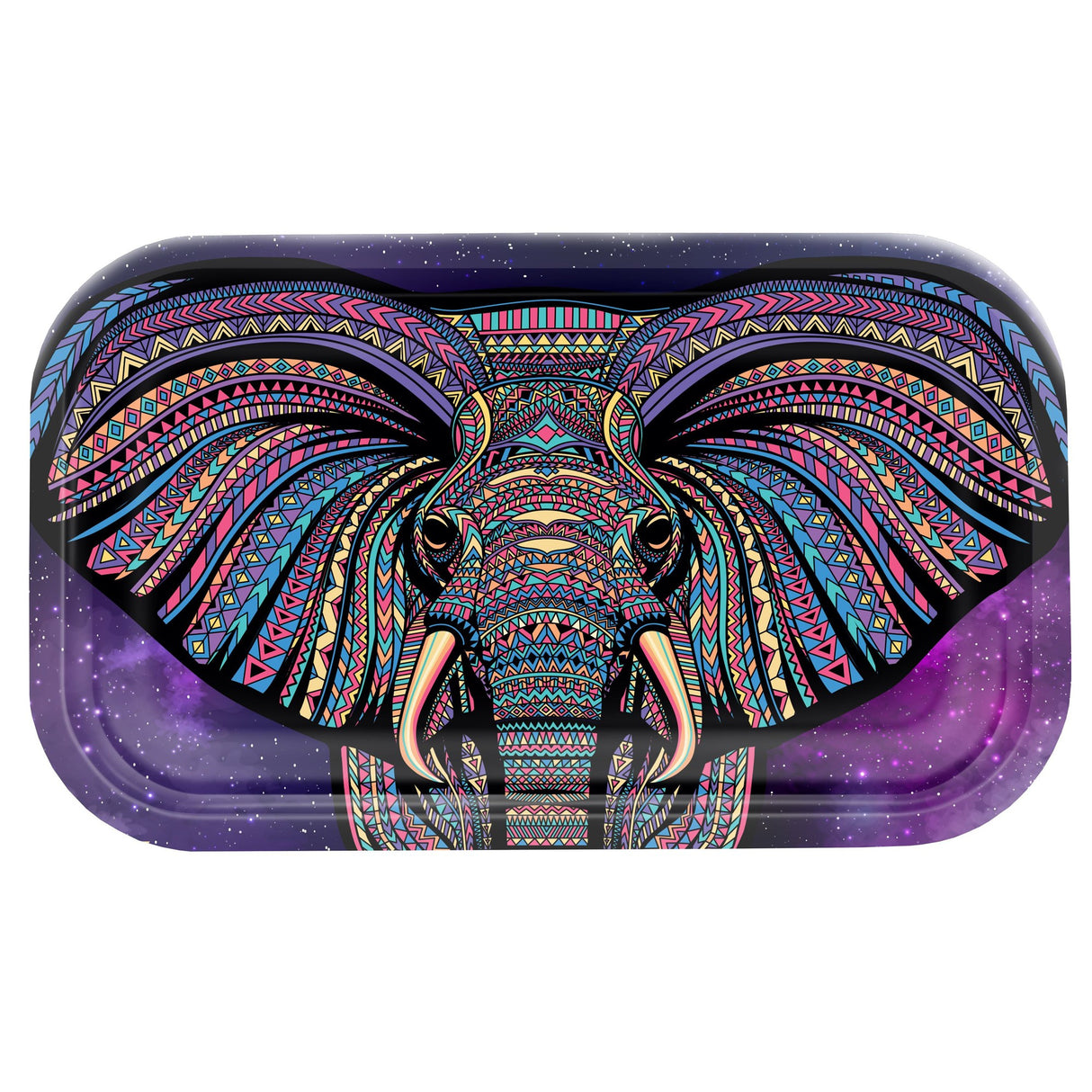 Metal Rolling Tray - Elephant Syndicate with vibrant design; ideal for rolling herbs, featuring high edges and a compact, durable steel surface.