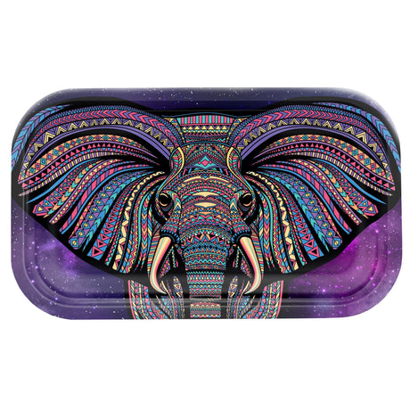 Metal Rolling Tray - Elephant Syndicate with vibrant design; ideal for rolling herbs, featuring high edges and a compact, durable steel surface.