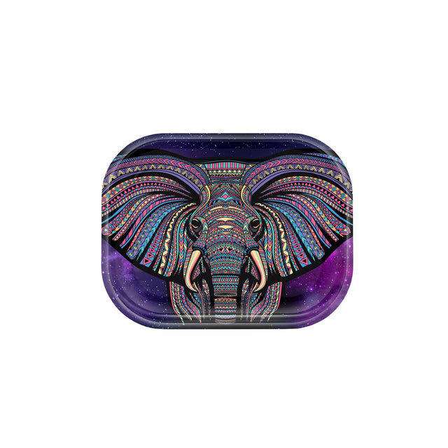 Metal Rolling Tray - Elephant Syndicate: Durable steel tray featuring a vibrant elephant design, ideal for organized herb preparation and rolling with high edges for containment.