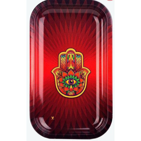 Metal Rolling Tray - Hamsa Red features a vibrant hamsa design with floral and eye motifs, offering a durable steel surface for organized herb preparation.