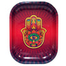 Metal Rolling Tray - Hamsa Red features a colorful, hand-drawn hamsa with a flower and eye design, perfect for organized herb preparation and rolling.