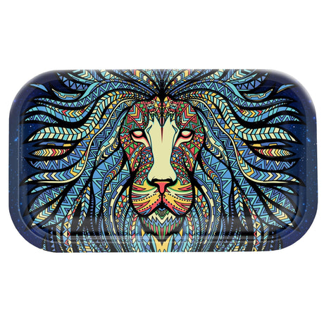 Metal Rolling Tray - Tribal Lion: Features a vibrant lion design on a durable steel tray, perfect for organizing and rolling your smoking essentials with ease.