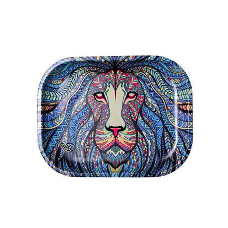 Metal Rolling Tray - Tribal Lion with high edges, featuring a vibrant lion face design, crafted from durable steel for organized herb preparation and rolling.