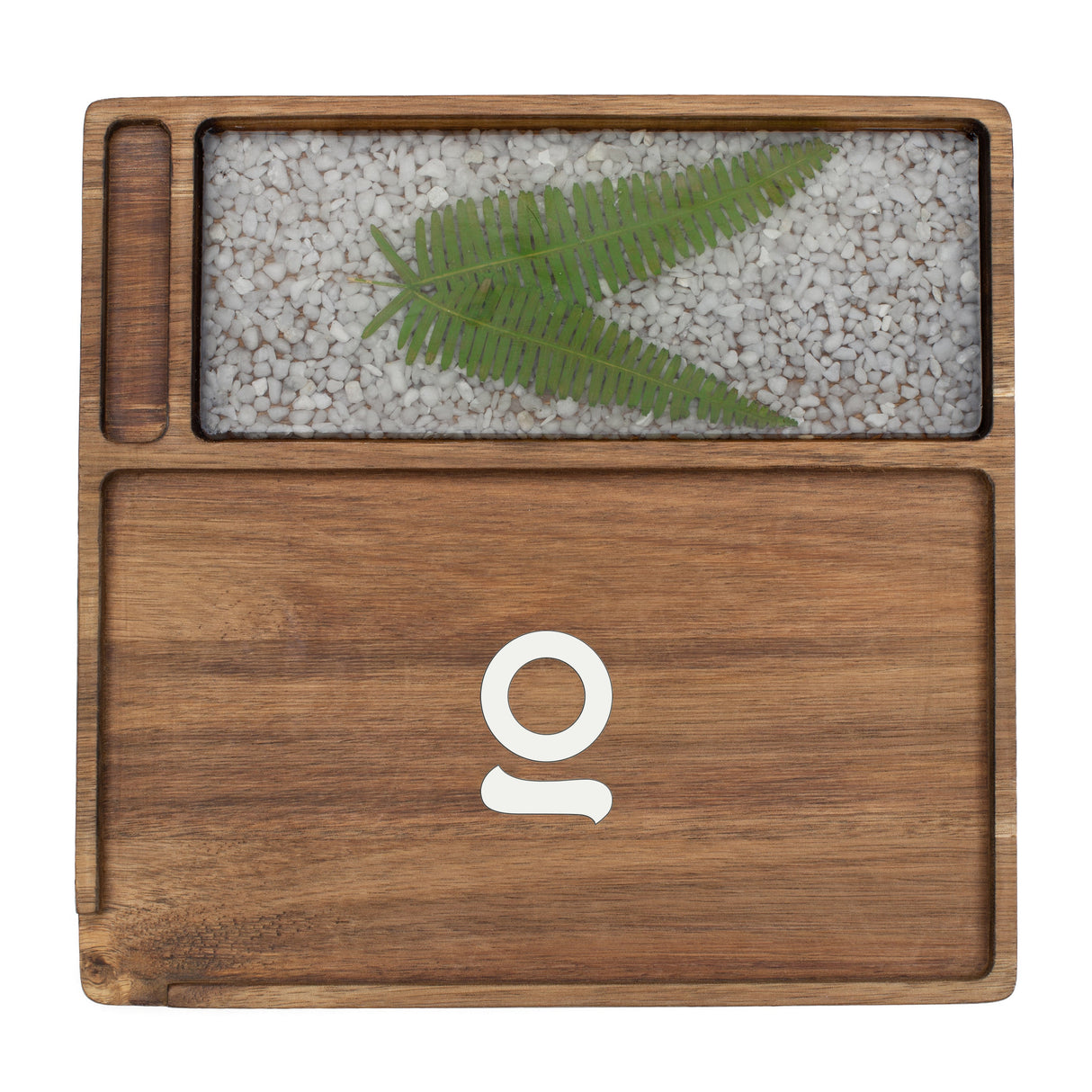 Premium Natural Acacia Wood Rolling Tray featuring a unique fern leaf design, showcasing its artisan craftsmanship, spacious surface, and minimalist compartments for organized storage.