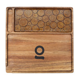 Premium Natural Acacia Wood Rolling Tray with unique cut wood circles design, showcasing artisan craftsmanship and a large, functional surface for organizing accessories.