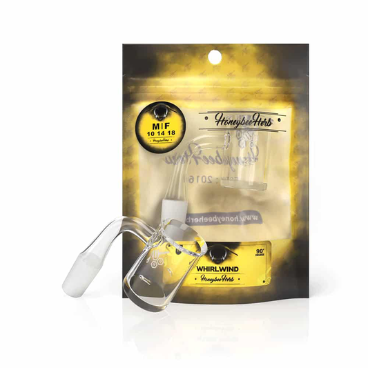 Glass beaker labeled Honeybee Herb Whirlwind Quartz Banger, showcasing its auto-spinner functionality and durable construction for optimal dabbing experience, in 90-degree, 14 mm Yellow.