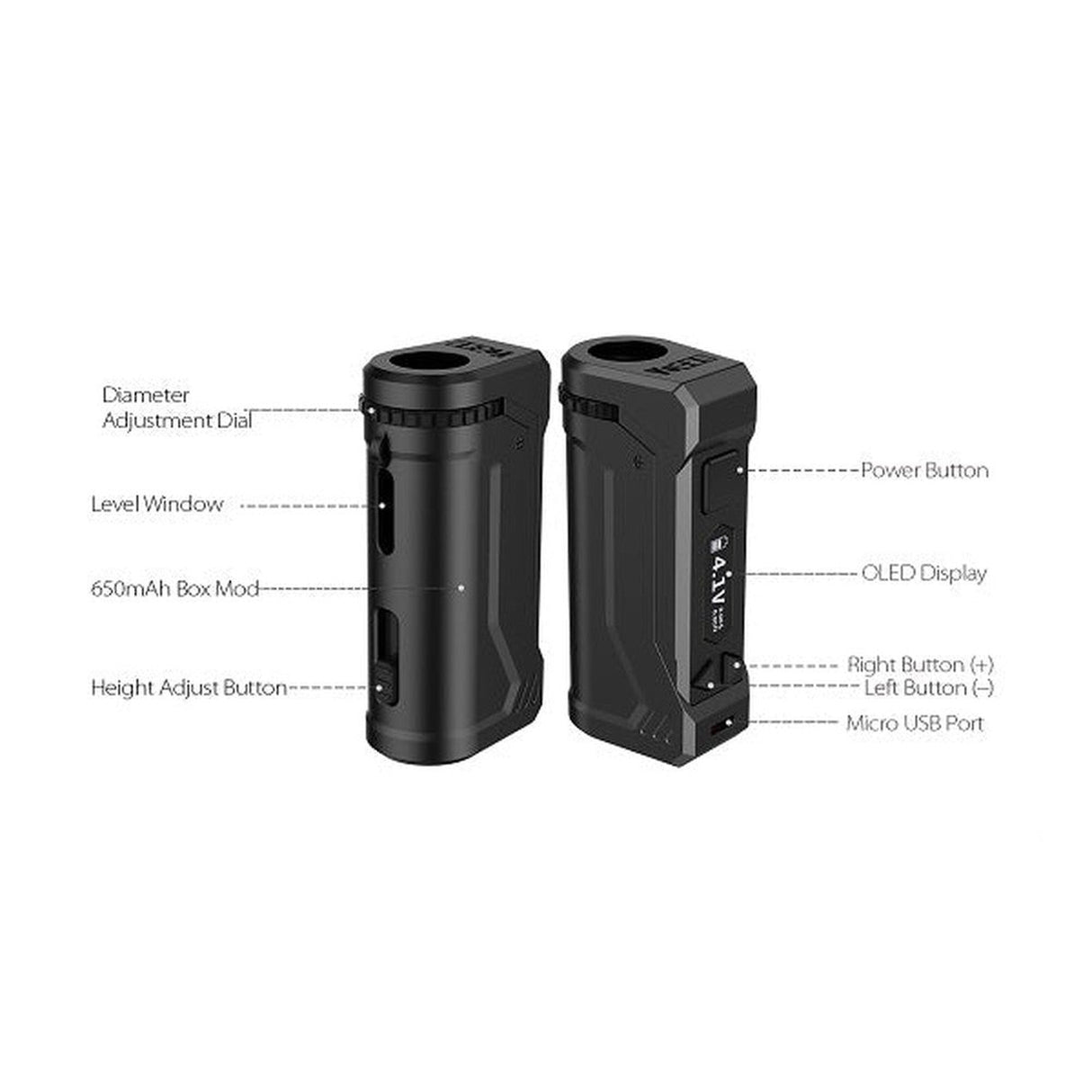 Yocan UNI Pro Digital Box Mod 510 Thread Battery, a black rectangular device featuring buttons and holes, designed for precise voltage control and customizable vaping.