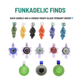 Scented Candle & Glass Pendant - Funkadelic Nag Champa in a mason jar, showcasing collectible glass pendants and emphasizing odor-neutralizing properties.