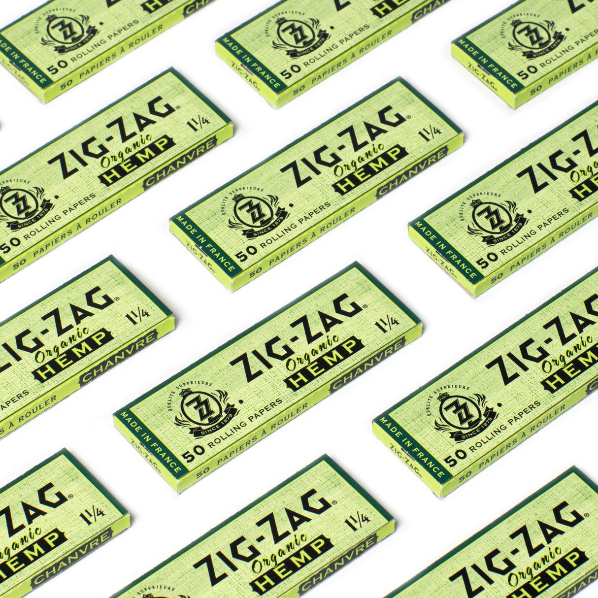 1 1/4 Hemp Rolling Paper boxes grouped, highlighting organic, unbleached Zig-Zag papers made from pure hemp fibers, ideal for a smooth smoking experience.