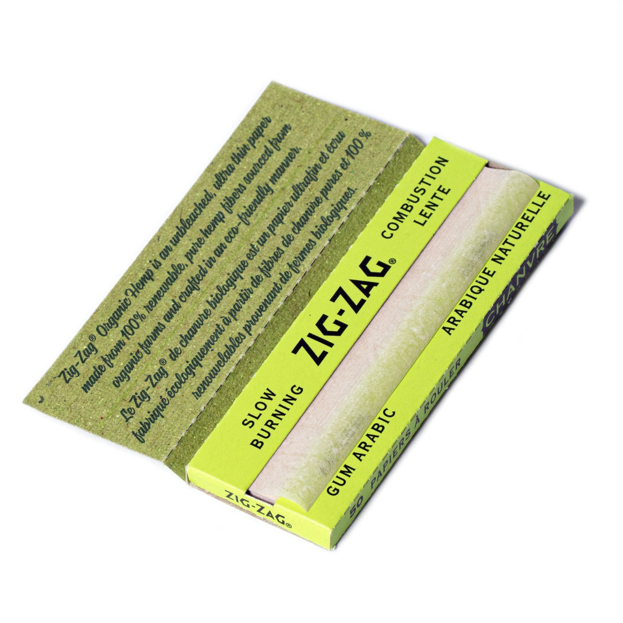 1 1/4 Hemp Rolling Paper box with black text and yellow logo, highlighting Zig-Zag Organic Hemp features for an eco-friendly smoking experience.