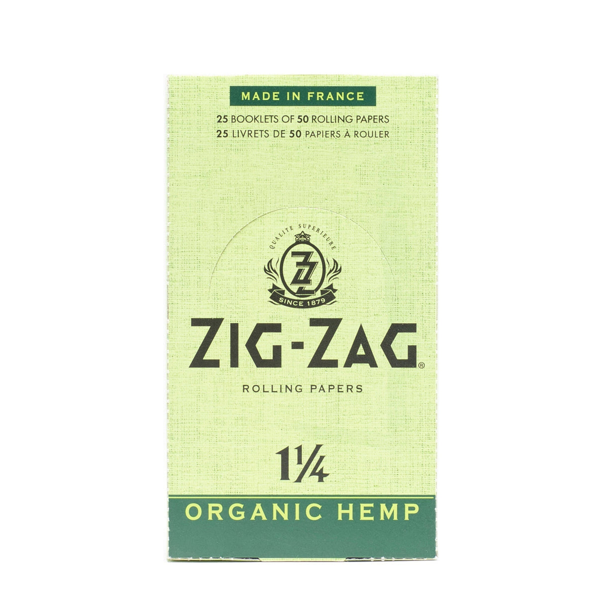 Zig-Zag 1 1/4 Hemp Rolling Paper, featuring organic, unbleached hemp fibers, with a prominent logo on the box, ideal for eco-friendly smoking.