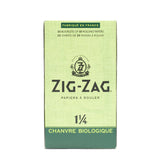 1 1/4 Hemp Rolling Paper box featuring Zig-Zag logo, highlighting organic and unbleached hemp fibers for a smooth, eco-friendly smoking experience.