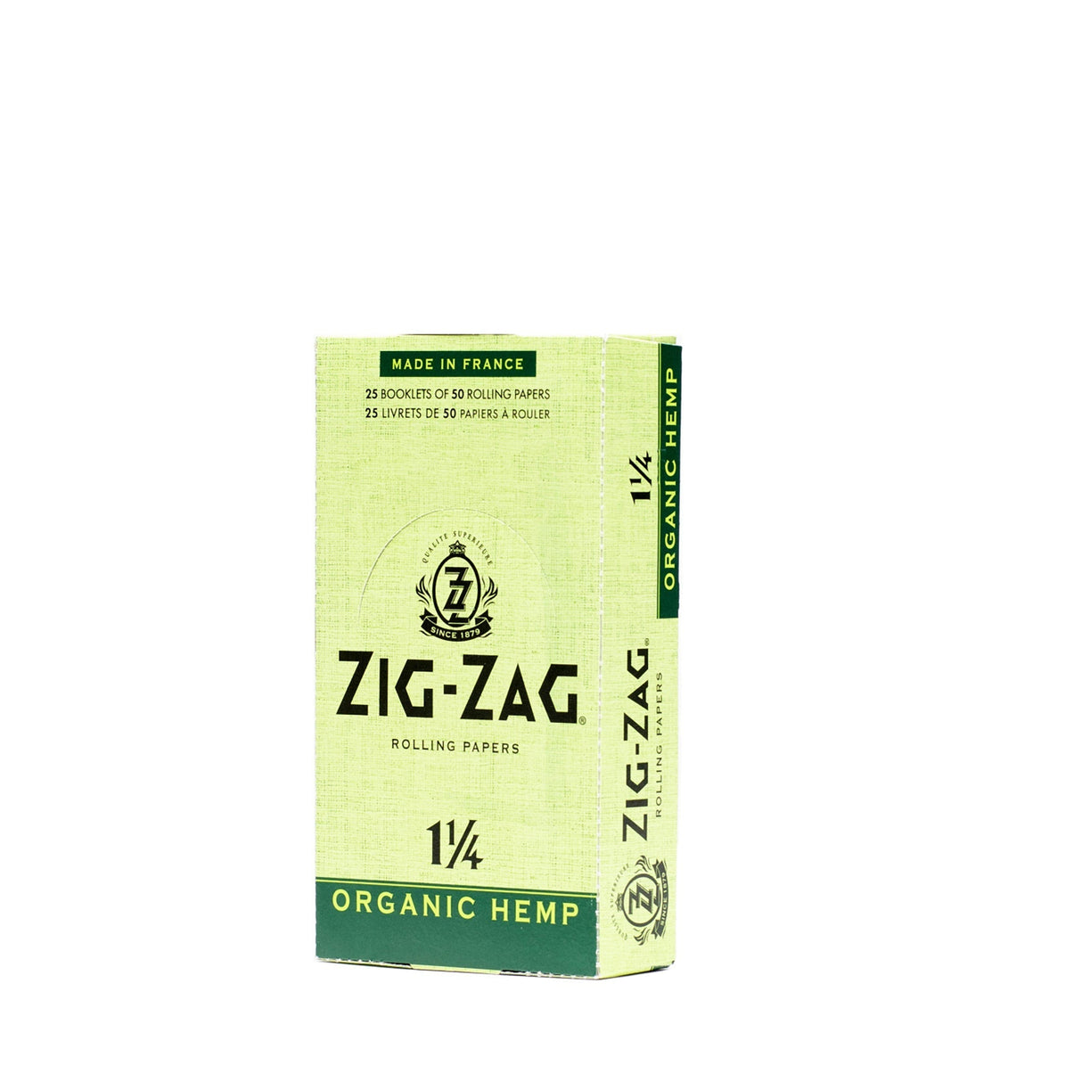 1 1/4 Hemp Rolling Paper box featuring Zig-Zag's logo, highlighting organic, unbleached hemp fibers for a clean, smooth smoking experience.