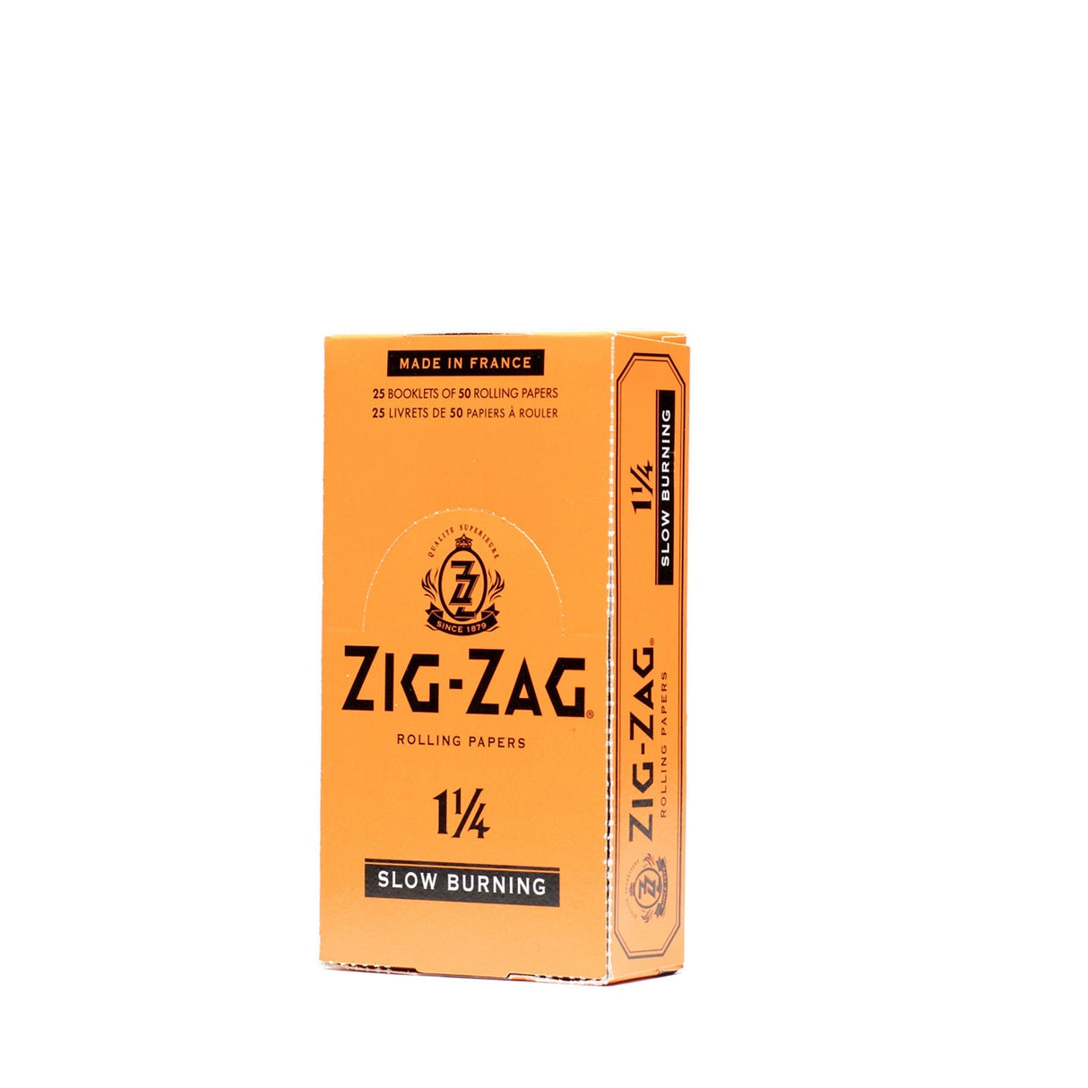 Zig-Zag 1 1/4 Orange Rolling Paper box, featuring text and logo, highlighting natural flax fibers for a smooth, slow-burning experience.