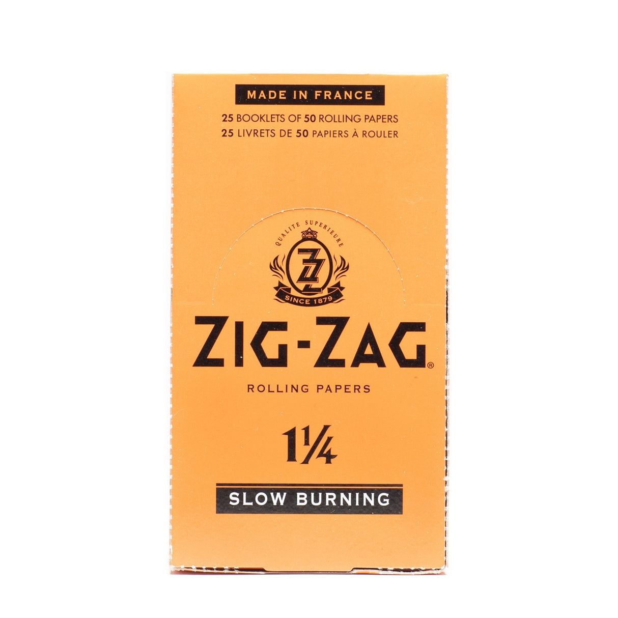 Zig-Zag 1 1/4 Orange Rolling Paper box, showcasing premium natural flax fibers and slow-burning quality, ideal for a smooth, consistent rolling experience.