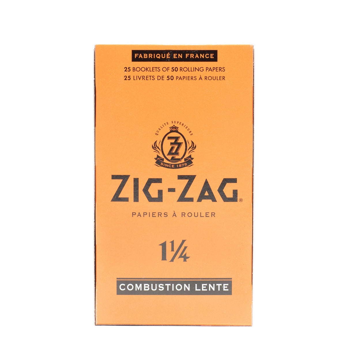 Zig-Zag 1 1/4 Orange Rolling Papers box, featuring a close-up of the logo and packaging details, highlighting premium natural flax plant fibers and slow-burning quality.