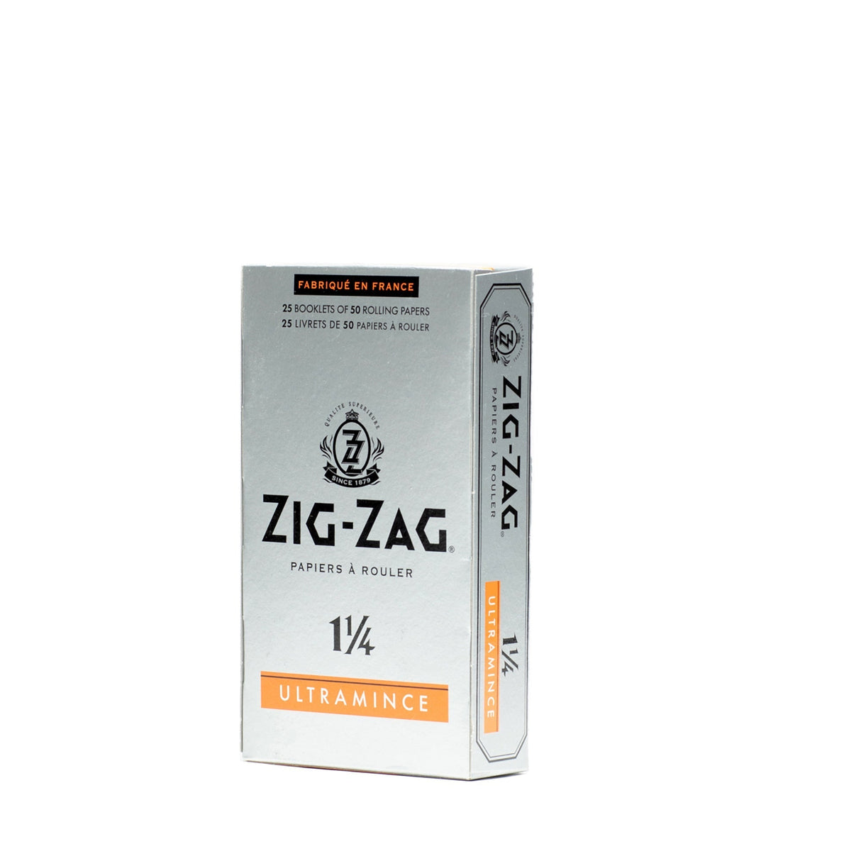 Zig-Zag 1 1/4 Ultra Thin Rolling Paper box featuring translucent, lightweight papers designed for a slow, even burn, enhancing the smoking experience.