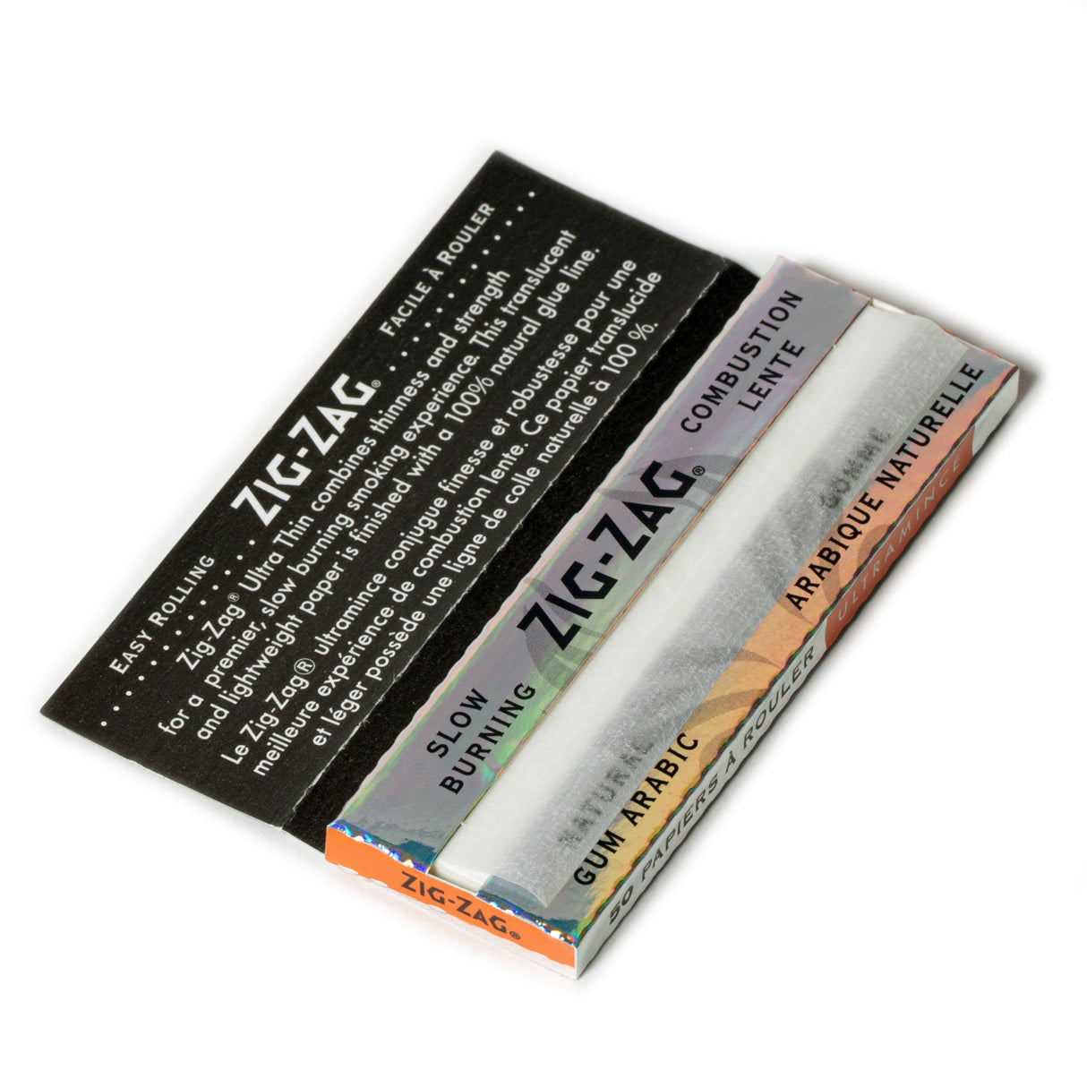 Zig-Zag 1 1/4 Ultra Thin Rolling Paper pack, showcasing its translucent design, ideal for a slow, even burn. Trusted for quality and durability.