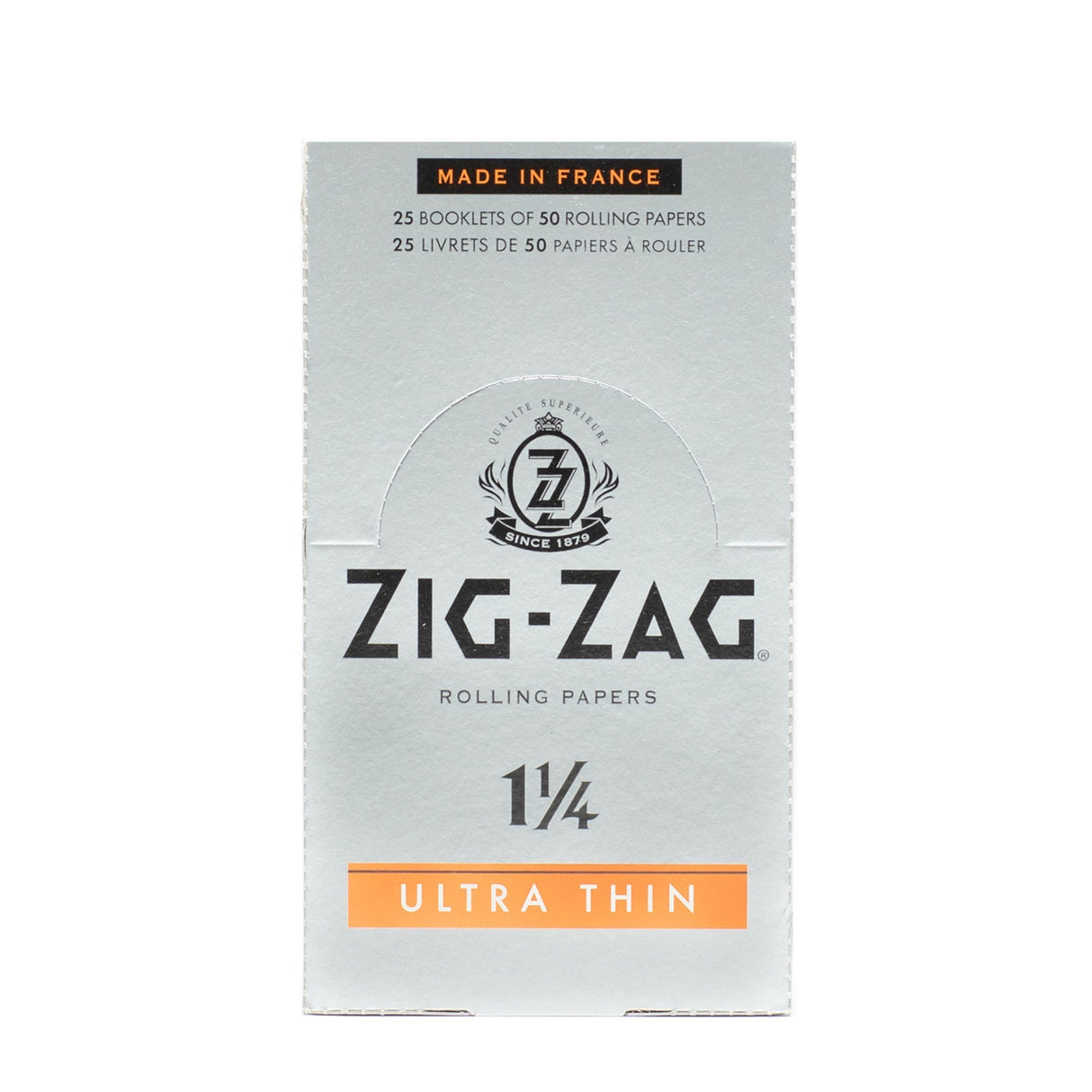 Zig-Zag 1 1/4 Ultra Thin Rolling Paper, featuring a white box with a black logo, known for its slow-burn, translucent design and durability.