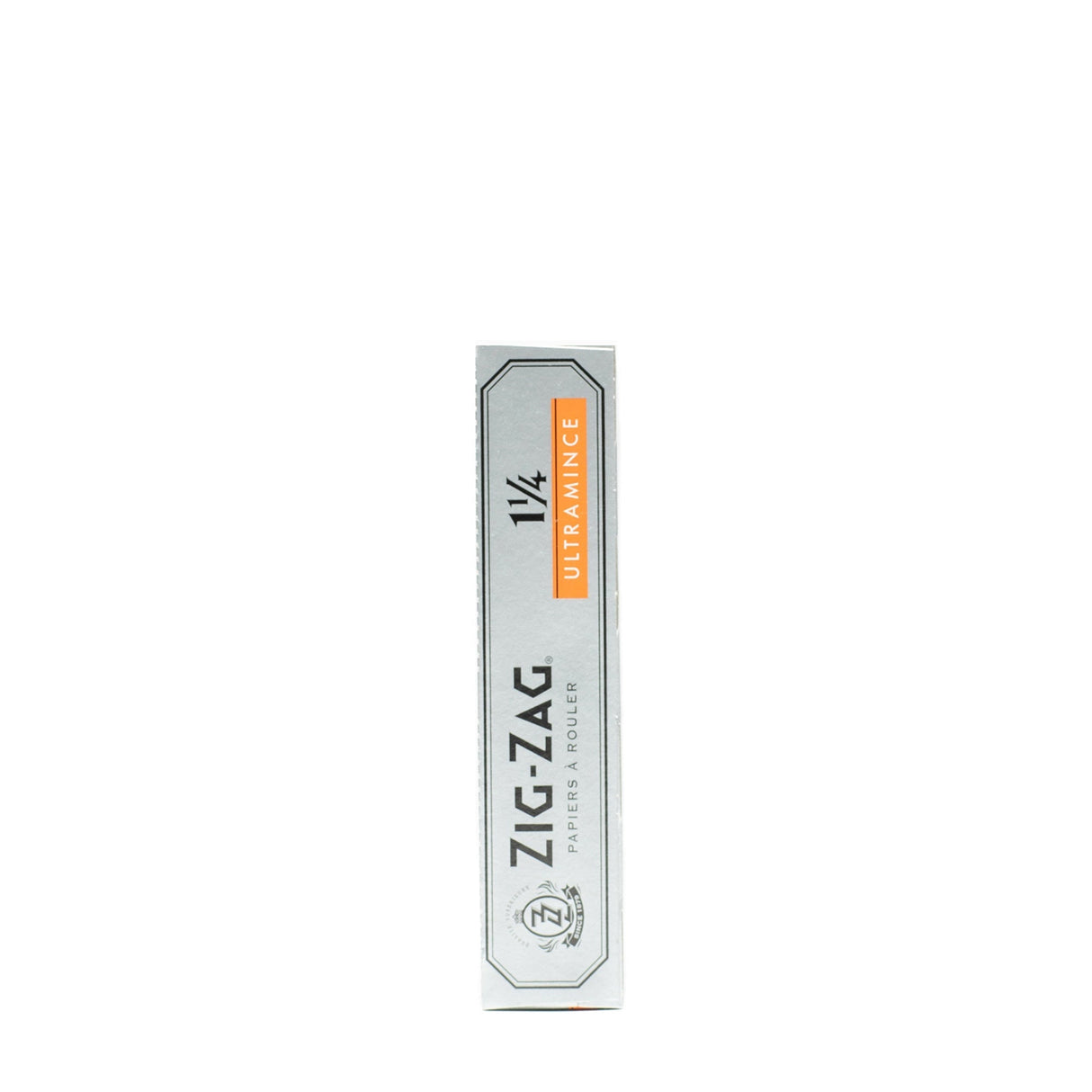 Zig-Zag 1 1/4 Ultra Thin Rolling Paper in a white box with orange and black text, highlighting its premium quality and translucent design.