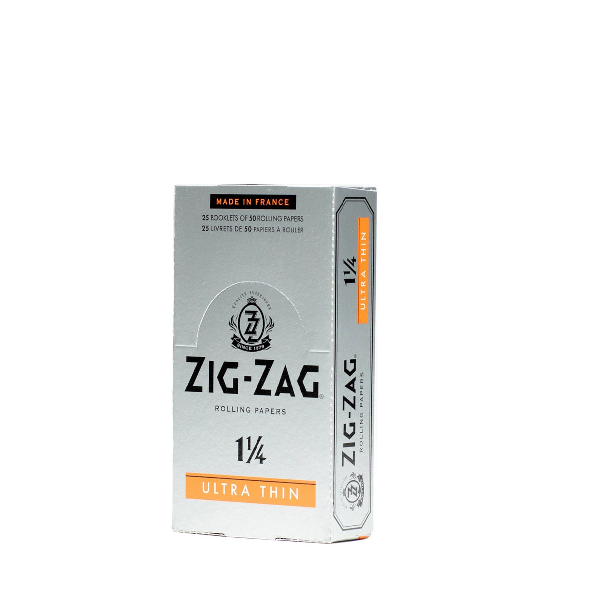 Zig-Zag 1 1/4 Ultra Thin Rolling Paper in a silver box, featuring orange text, designed for a slow, even burn and superior smoking experience.