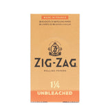 Zig-Zag 1 1/4 Unbleached Rolling Paper box featuring natural, ultra-thin papers, designed for a premium, slow-burning smoking experience with eco-friendly materials.