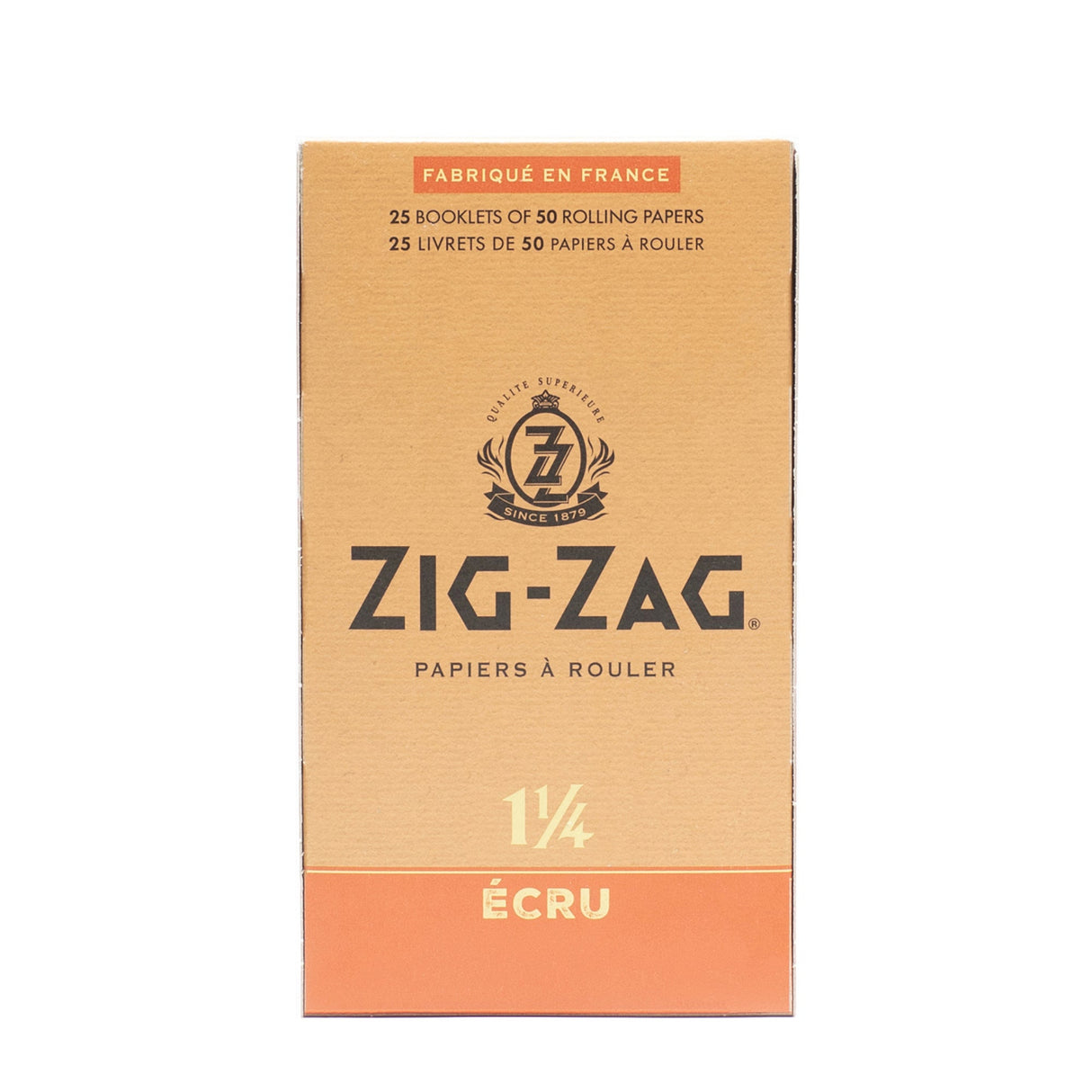 1 1/4 Unbleached Rolling Paper box, featuring Zig-Zag logo, emphasizing natural, ultra-thin, slow-burning papers for a premium smoking experience.