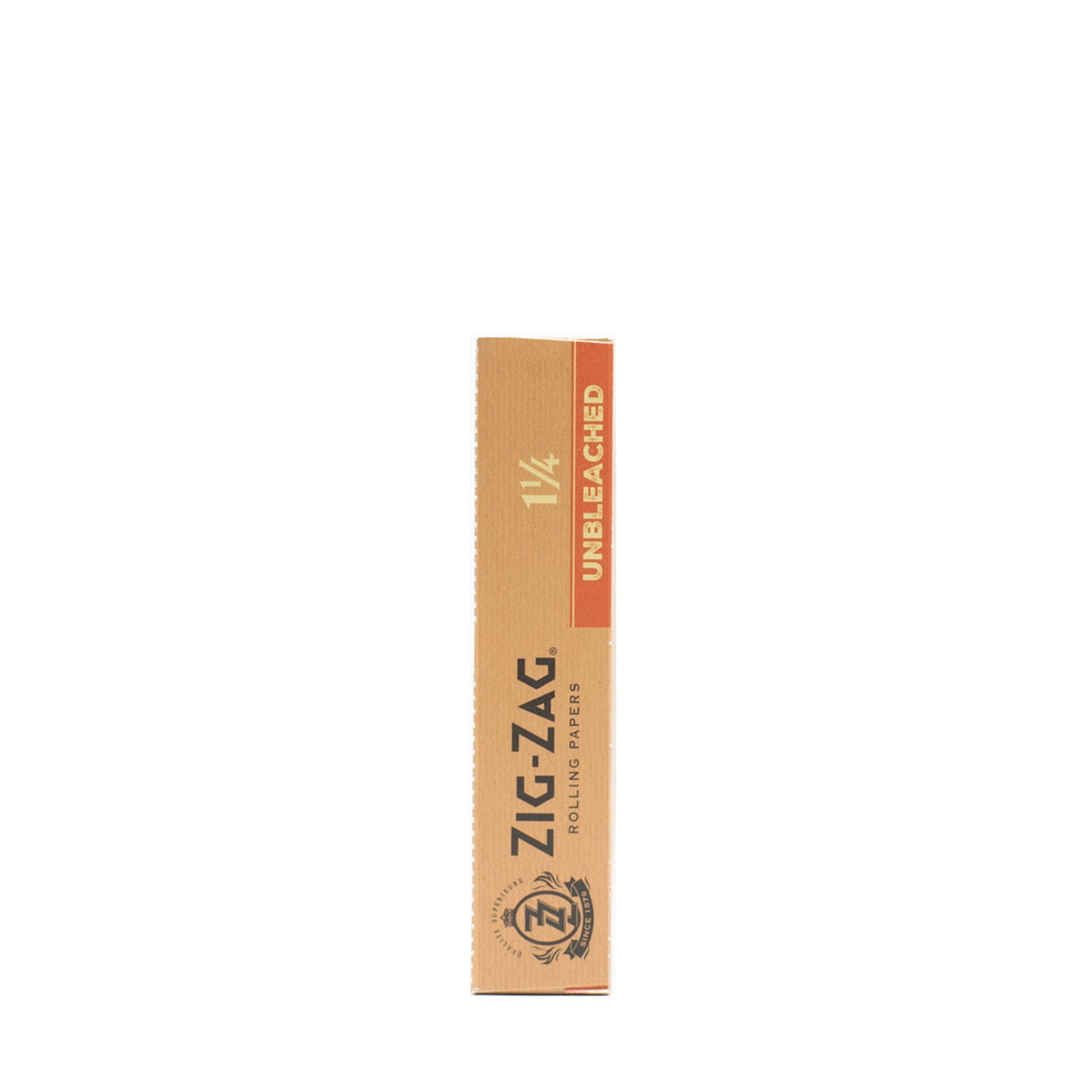 1 1/4 Unbleached Rolling Paper box featuring Zig-Zag branding, showcasing natural, ultra-thin, slow-burning papers for a premium smoking experience.