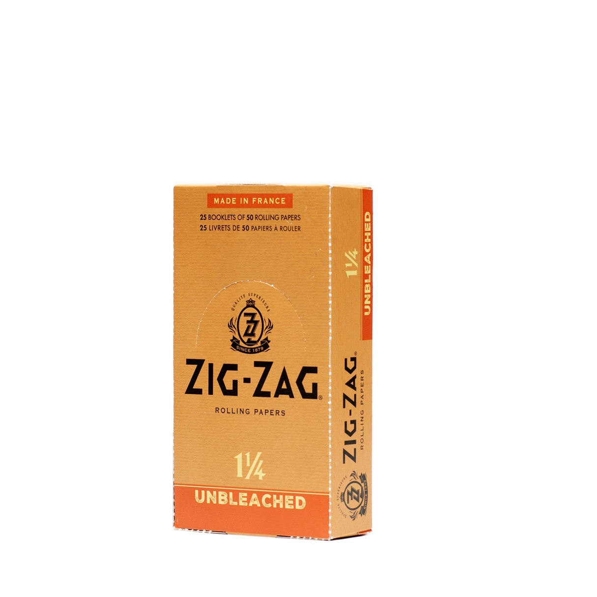 Zig-Zag 1 1/4 Unbleached Rolling Paper box with black logo, showcasing premium, natural, ultra-thin papers for a smooth, slow-burning smoking experience.