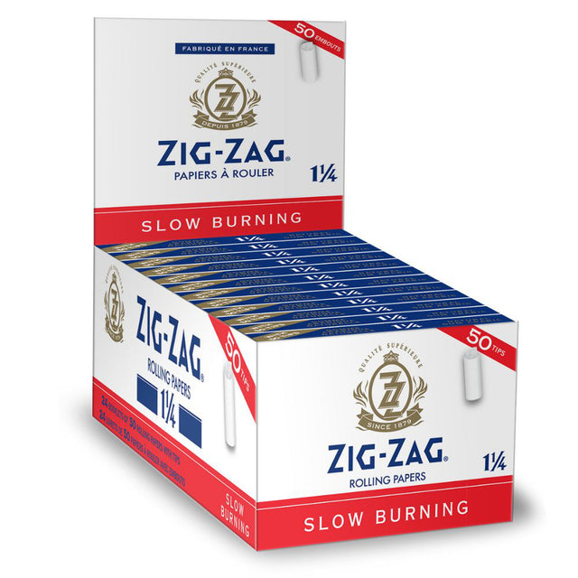 1 1/4 White Rolling Paper & Tips pack, featuring Zig-Zag branding and packaging, designed for easy rolling and a smooth smoking experience.