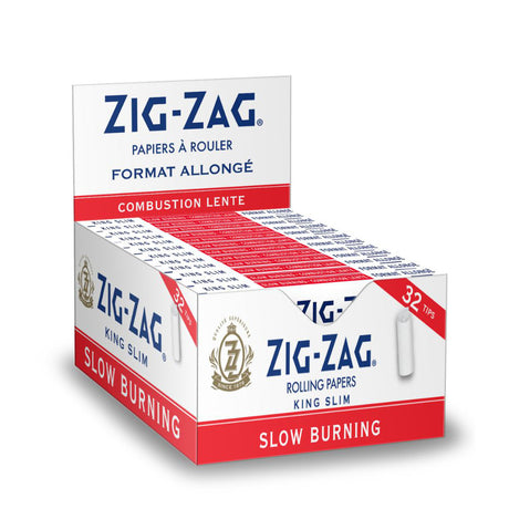 King Size White Rolling Paper & Tips package, featuring Zig-Zag® branding, known for quality rolling papers with ultra-thin glue line for a smooth smoking experience.