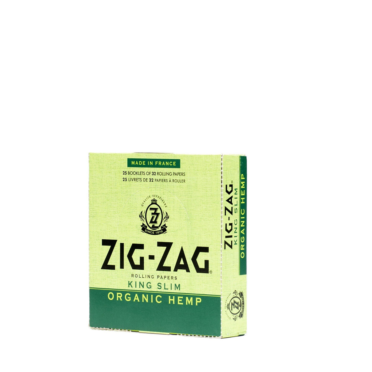 Zig-Zag® King Slim Organic Hemp Rolling Papers in eco-friendly packaging, highlighting the logo and text, emphasizing sustainable, slow-burning, non-GMO hemp fibers for a pure smoking experience.