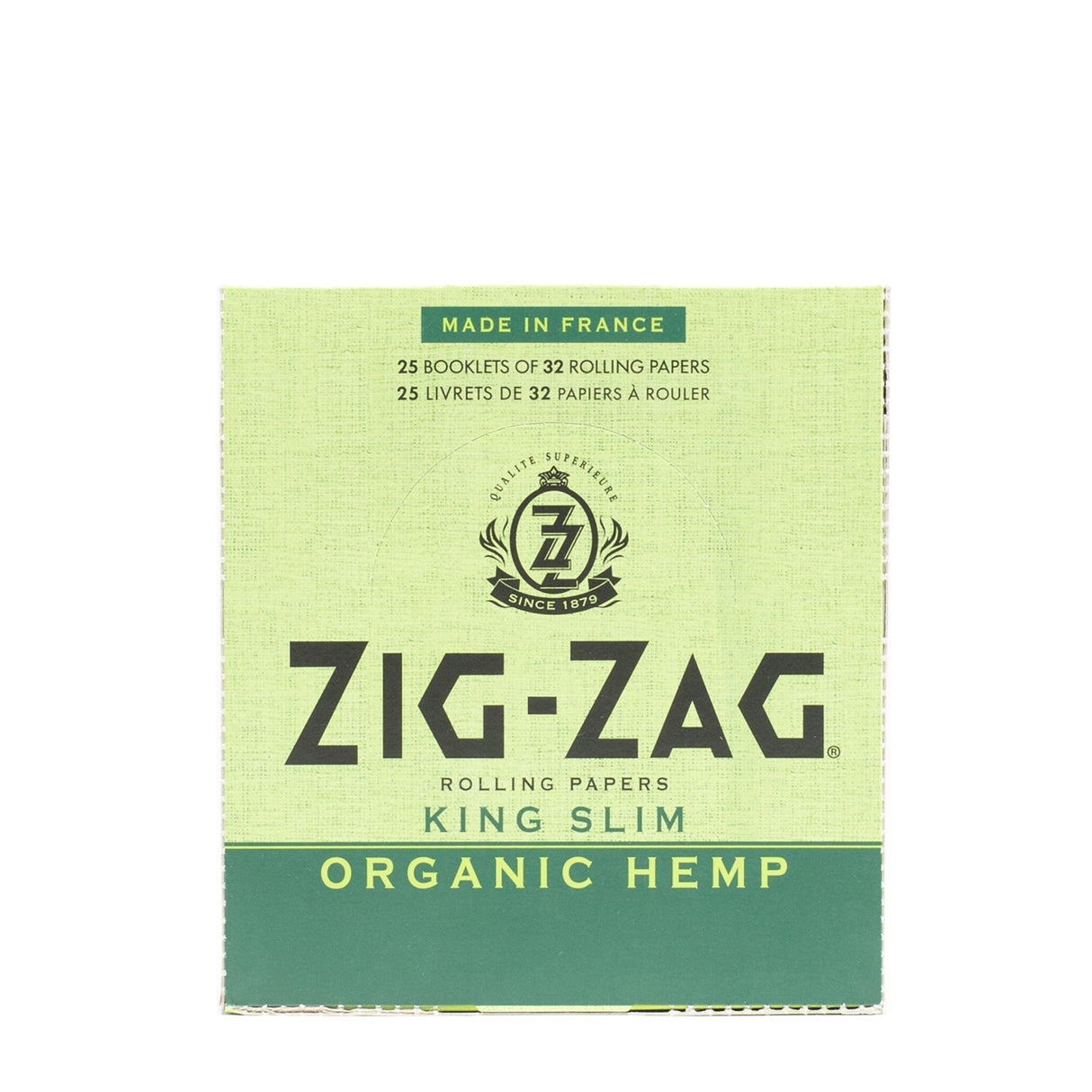 King Slim Hemp Rolling Paper box, featuring Zig-Zag® logo and text, emphasizing organic hemp from sustainable sources for a smooth, natural smoking experience.