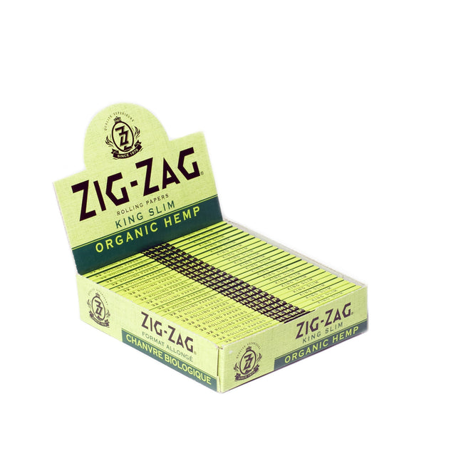 King Slim Hemp Rolling Paper box featuring Zig-Zag® Organic Hemp, highlighting its eco-friendly, smooth-burning qualities with a close-up of the rolling paper and logo.