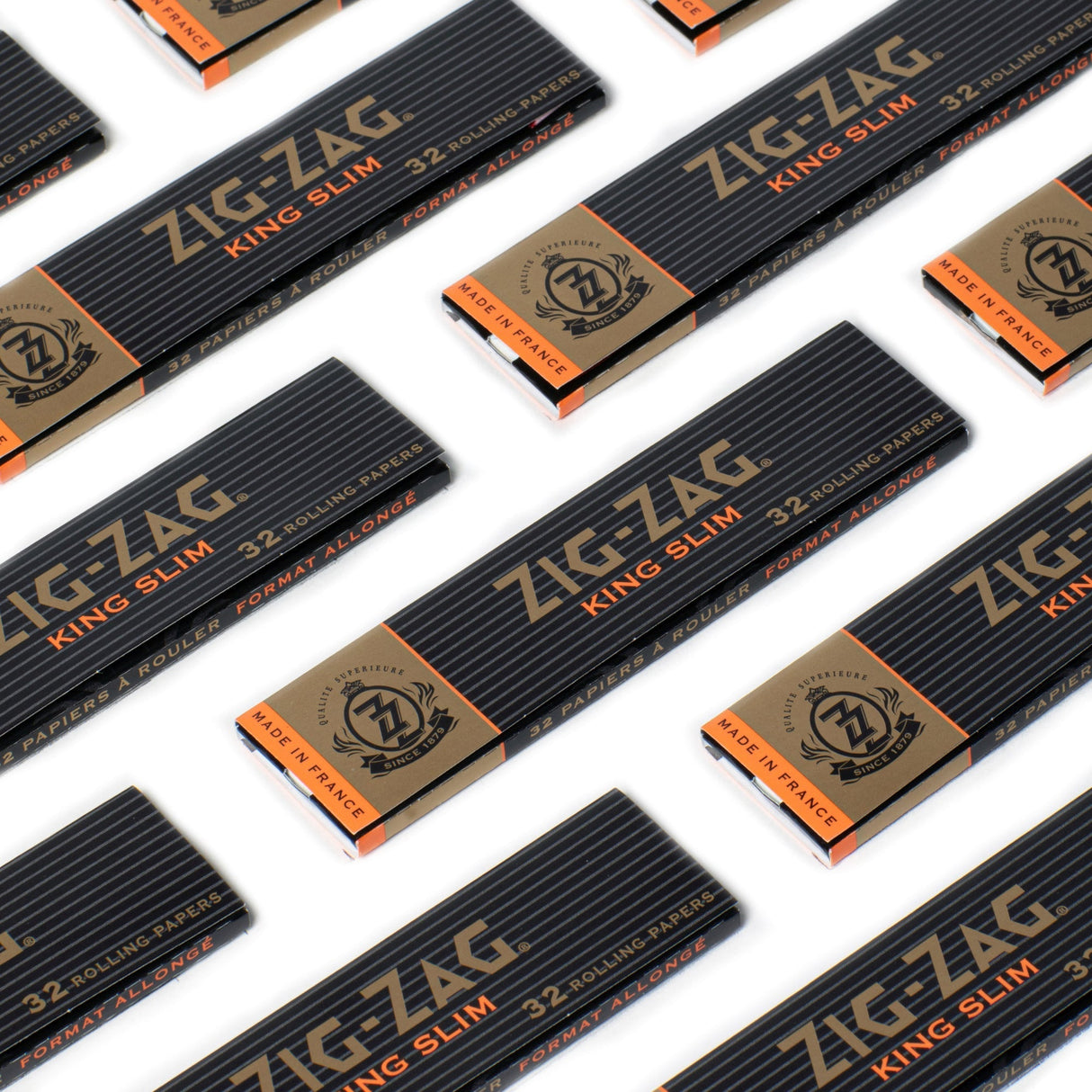 Zig-Zag® King Slim Rolling Papers displayed in black and orange packaging, highlighting their premium quality and size for enhanced smoking experiences.