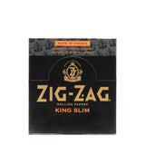 Zig-Zag® King Slim Rolling Papers packaging with gold text and logo, designed for longer, wider joints, offering a premium, slow-burning smoking experience.