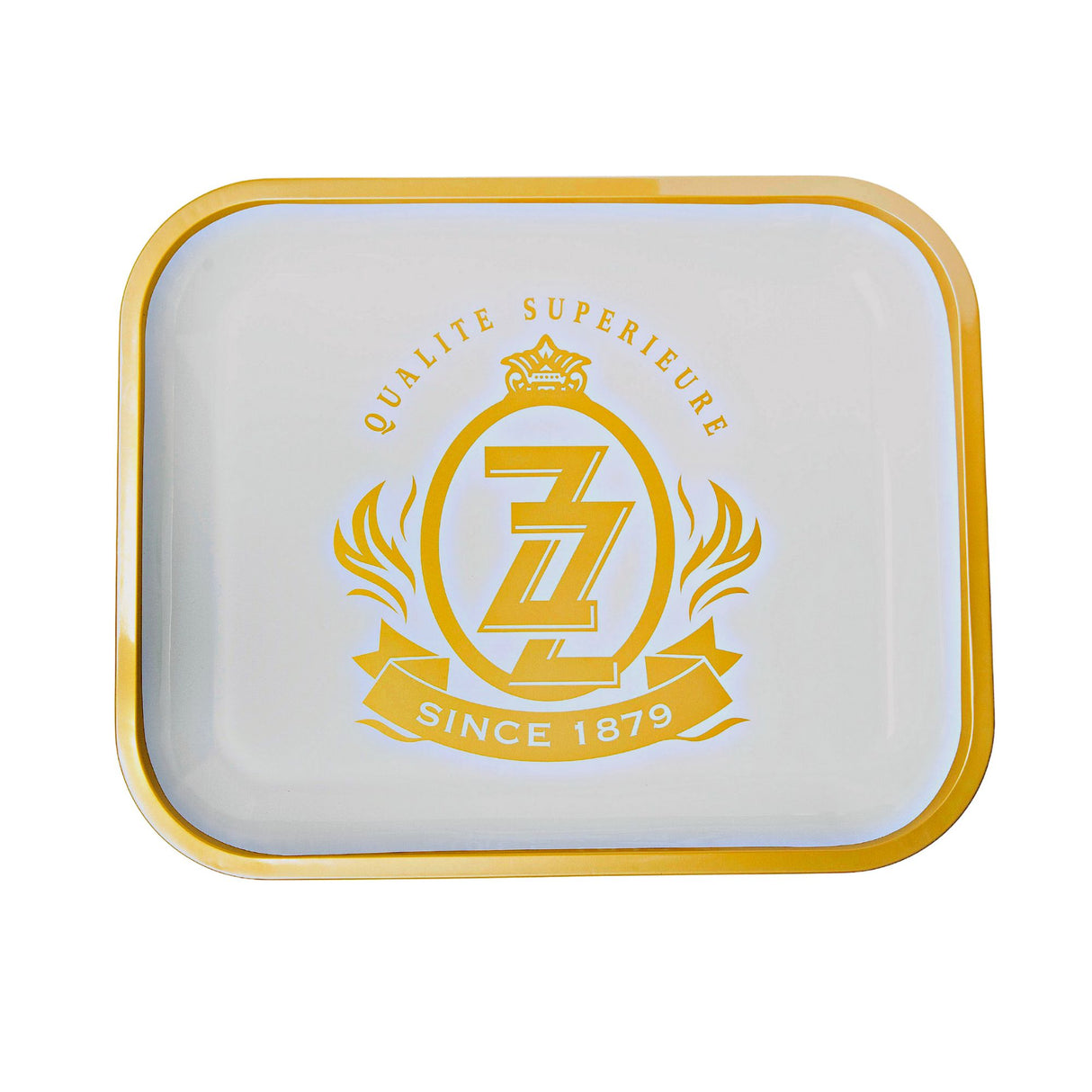 Metal Rolling Tray - Classic Medallion Since 1879 features a high-edged, rounded corner design with the iconic Zig-Zag® logo, enhancing rolling convenience and style.