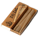 Pre Rolled Unbleached 1 1/4 Paper Cones - Pack of 6, in a crush-proof box, featuring branded tips for easy filling and even burn.