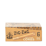 Pre Rolled Unbleached 1 1/4 Paper Cones - Pack of 6, displayed in a distinctive crush-proof slide box with branded tip for convenient use.