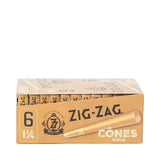 Pre Rolled Unbleached 1 1/4 Paper Cones - Pack of 6 displayed in a crush-proof slide box with visible branded tip and packaging details.