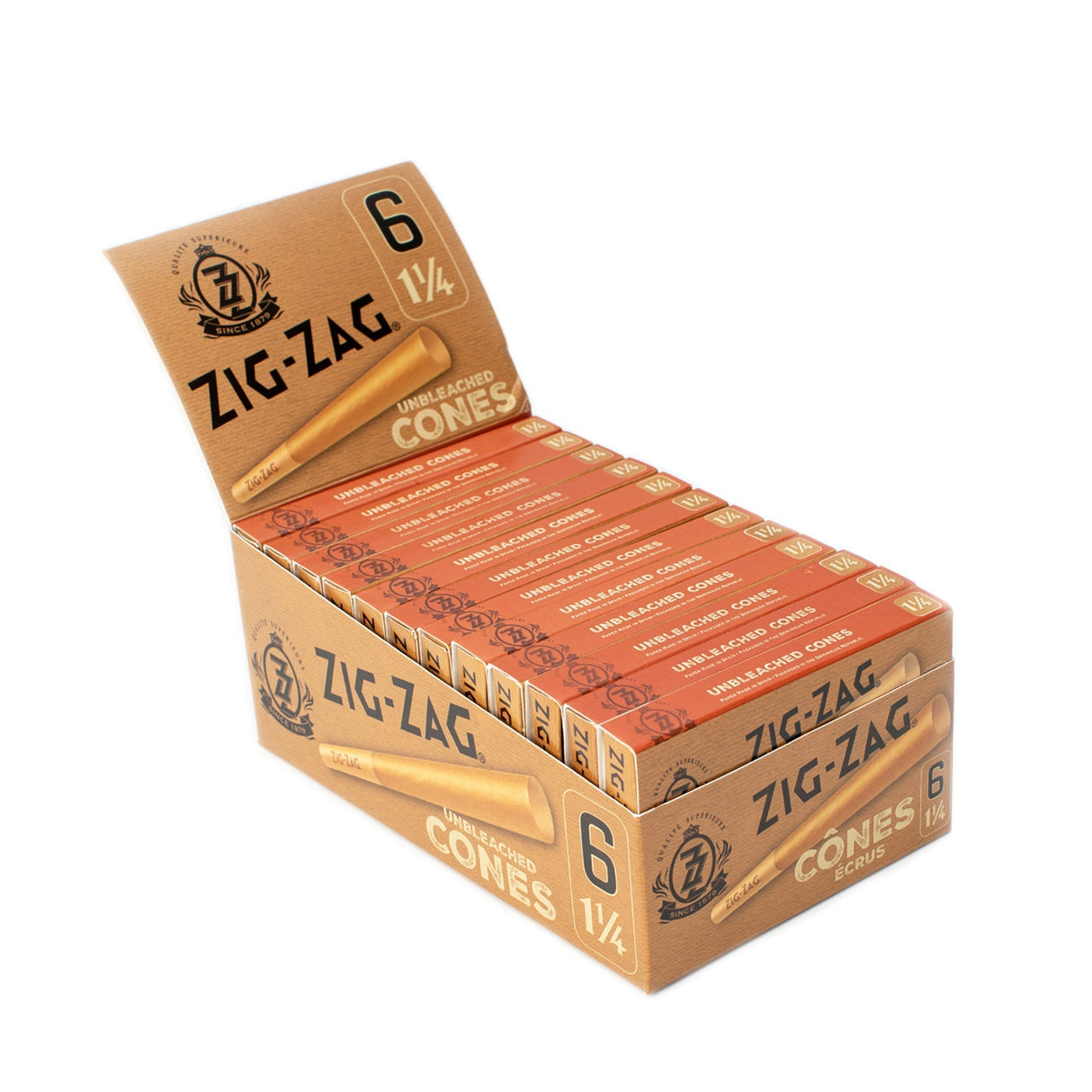 Pre Rolled Unbleached 1 1/4 Paper Cones - Pack of 6, shown in a branded, crush-proof slide box for convenient, hassle-free use.