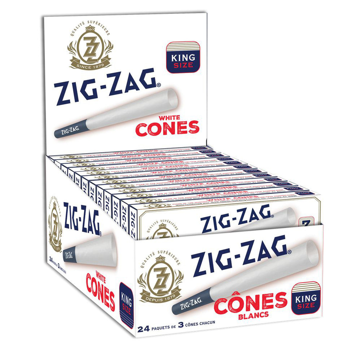 Pre Rolled White King Size Cone - Pack of 3 in a crush-proof slide box, featuring branded tips for optimal airflow and easy use.