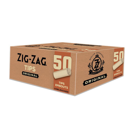 Rolling Paper Tips - Unbleached Original - Pack of 50, shown in a labeled box with visible logo and rolled paper on a table.