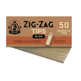 Rolling Paper Tips - Unbleached Wide - Pack of 50, featuring a box with a visible cigarette stick, designed to enhance joint structure and airflow.