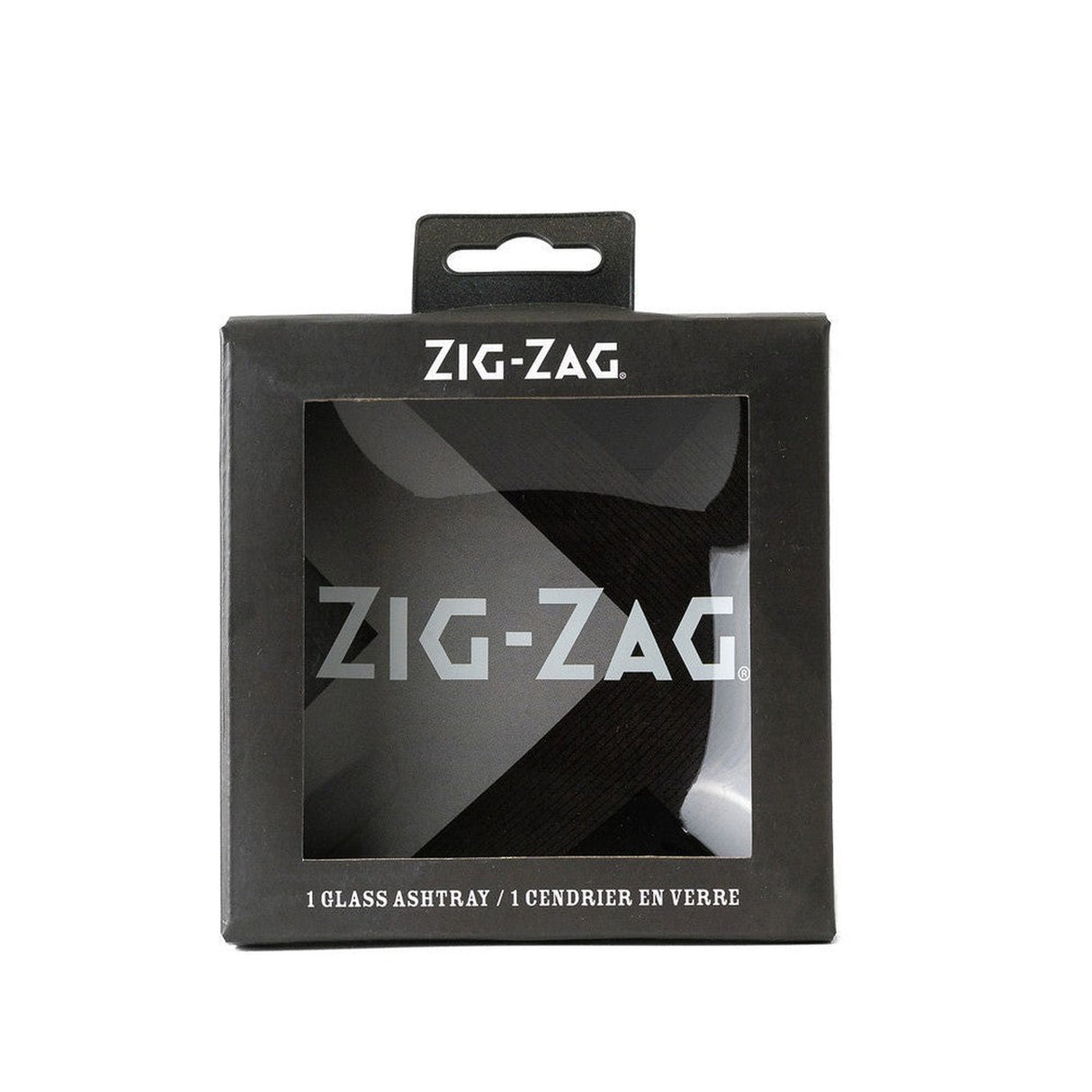 Shatter Resistant Glass Ashtray - Black, featuring a clear plastic window on a sleek black box, perfect for tabletop use and matches other Zig-Zag accessories.