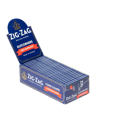 Single Wide Blue Rolling Paper box with white text, showcasing Zig-Zag's easy-to-roll design and natural ingredients, containing 25 booklets of 100 papers each.